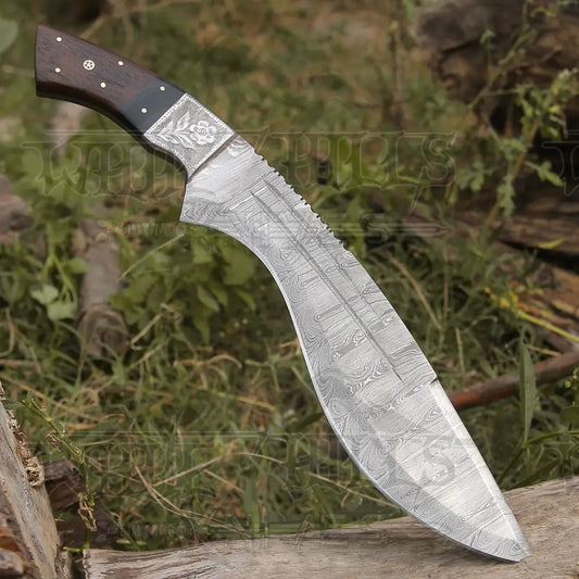 Custom Handmade Forged Damascus Steel Survival Hunting Bushcraft Kukri Knife EDC 12” With Cocobolo Wood Bull Horn & Engraved Bolster Handle WH 3895