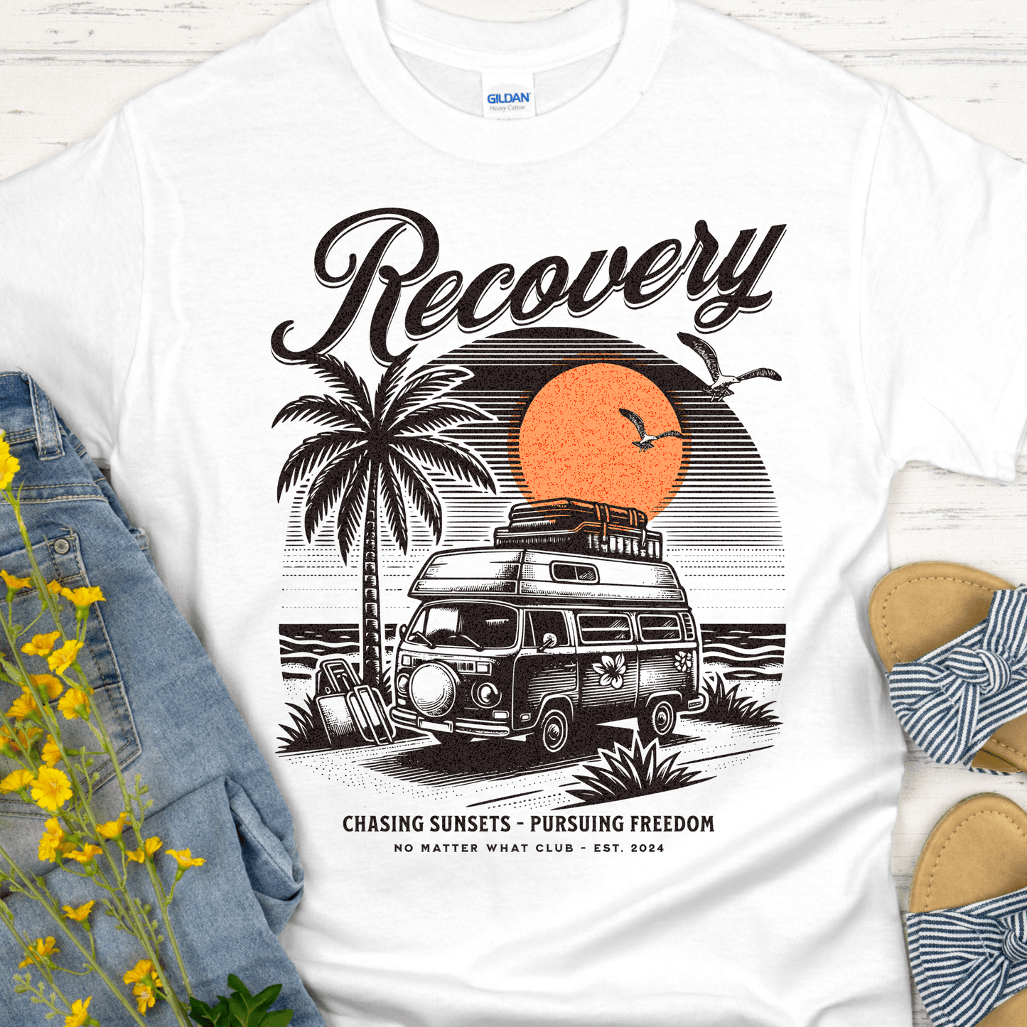 Custom Recovery T-Shirt | Inspiring Sobriety | Chasing Sunsets, Pursuing Freedom