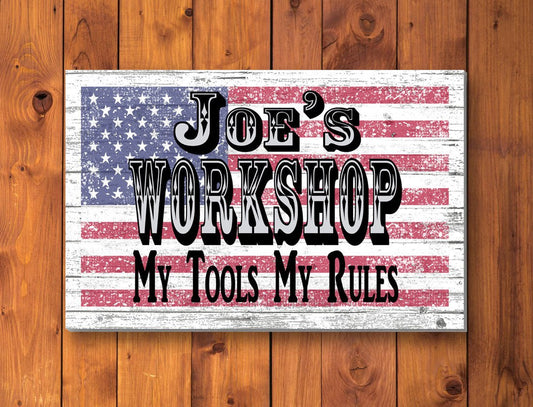 Custom Workshop Sign – Personalized American Flag Wall Art with Name & Saying | Gift for Dad, Husband, or Handyman