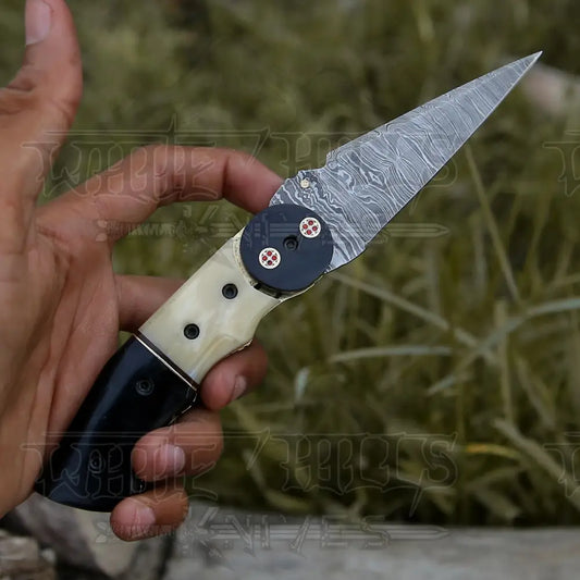 Damascus Steel Folding Pocket Knife - 8" Handmade Gift Knife with Camel Bone & Resin Handle - Camping Pocket Knife