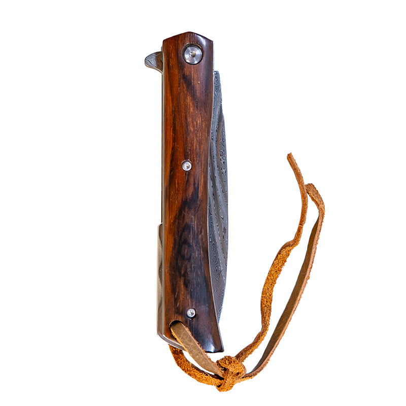 Damascus Steel Flipper Knife Wood Handle Liner Lock 3.875" Blade 8.5" EDC