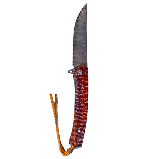 Damascus Flipper Knife Scraped Wood Handle Liner Lock 3.75" Blade 8.2" EDC