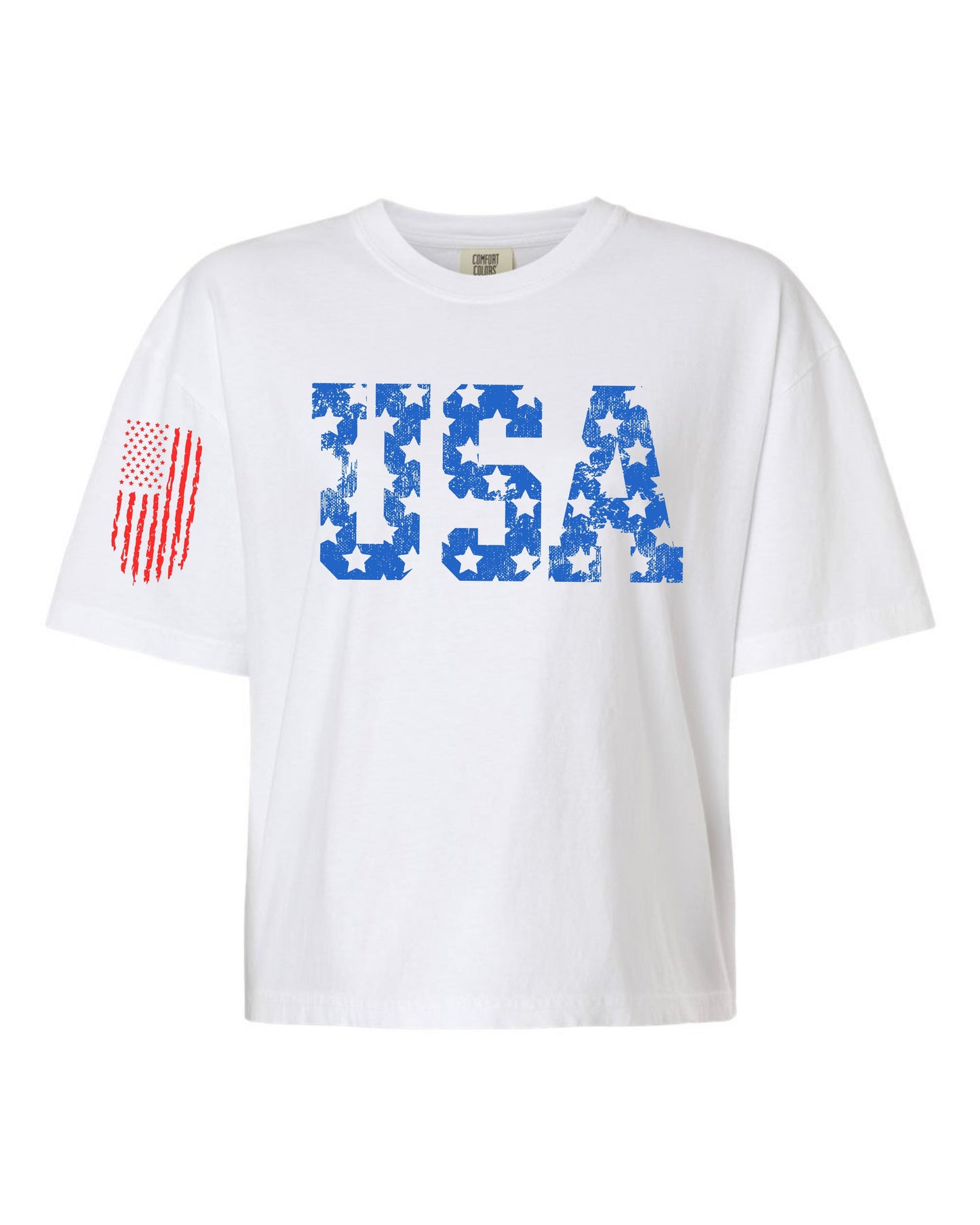 Distressed USA (Flag On Sleeve) Crop Mid-Length Women's Boxy T-Shirt