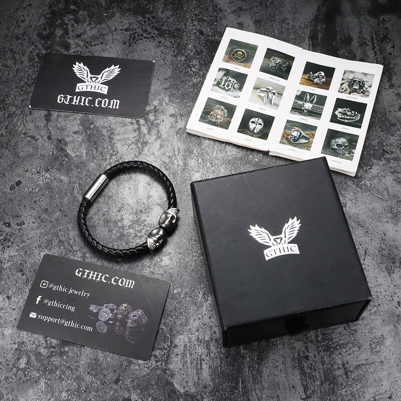 Double Skull Braided Stainless Steel Magnetic Buckle Leather Bracelet