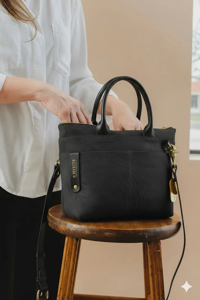 Dot | Small Tote | Black Washed Canvas + Black Leather