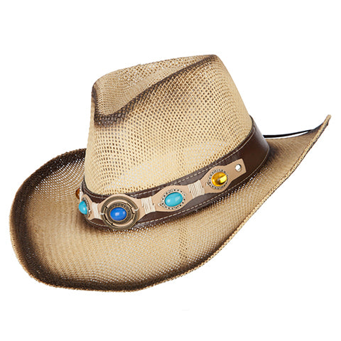 Pleather Precious Stone Accented Straw Cowboy Hat