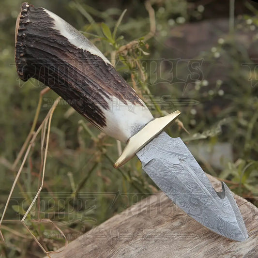 EDC Handmade Forged Damascus Steel Hunting Deer Hook Knife Crown Stag Handle WH 4417