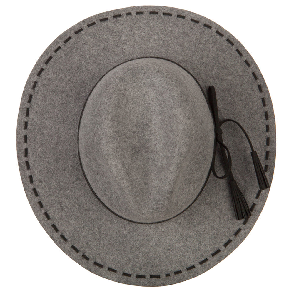 Women's Tassel Tie Trim Large Stitch Detailed Brim Wool Fedora Hat