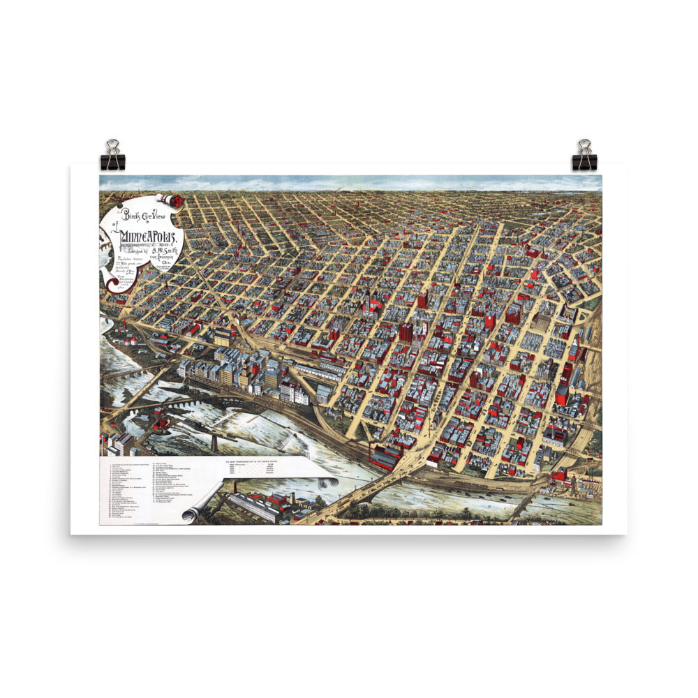1891 Minneapolis Bird's Eye Giclée Map Print