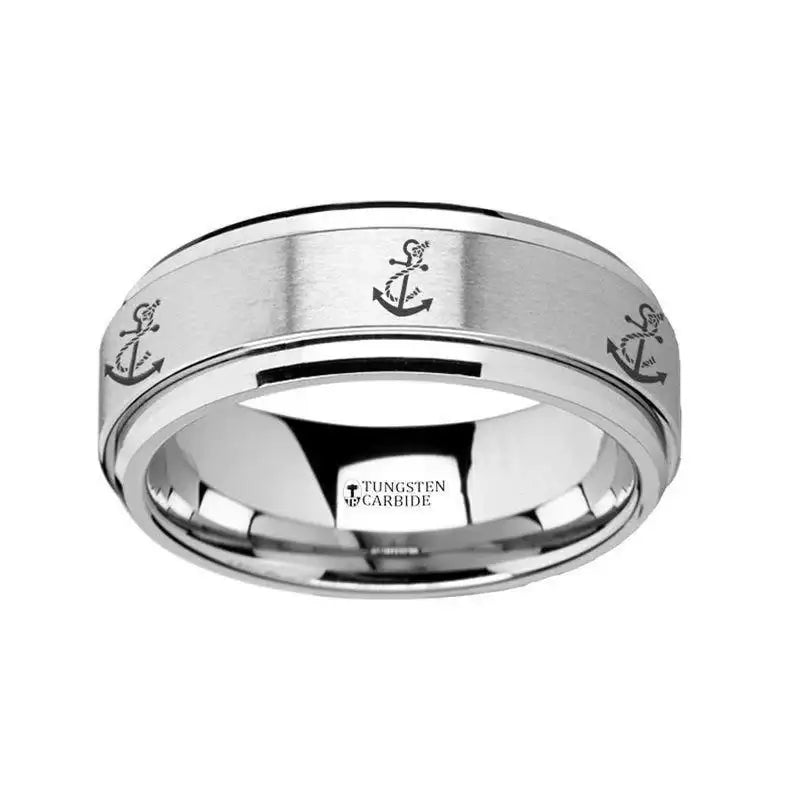 Spinning Engraved Artistic Anchor Tungsten Carbide Spinner Wedding Band - 8mm