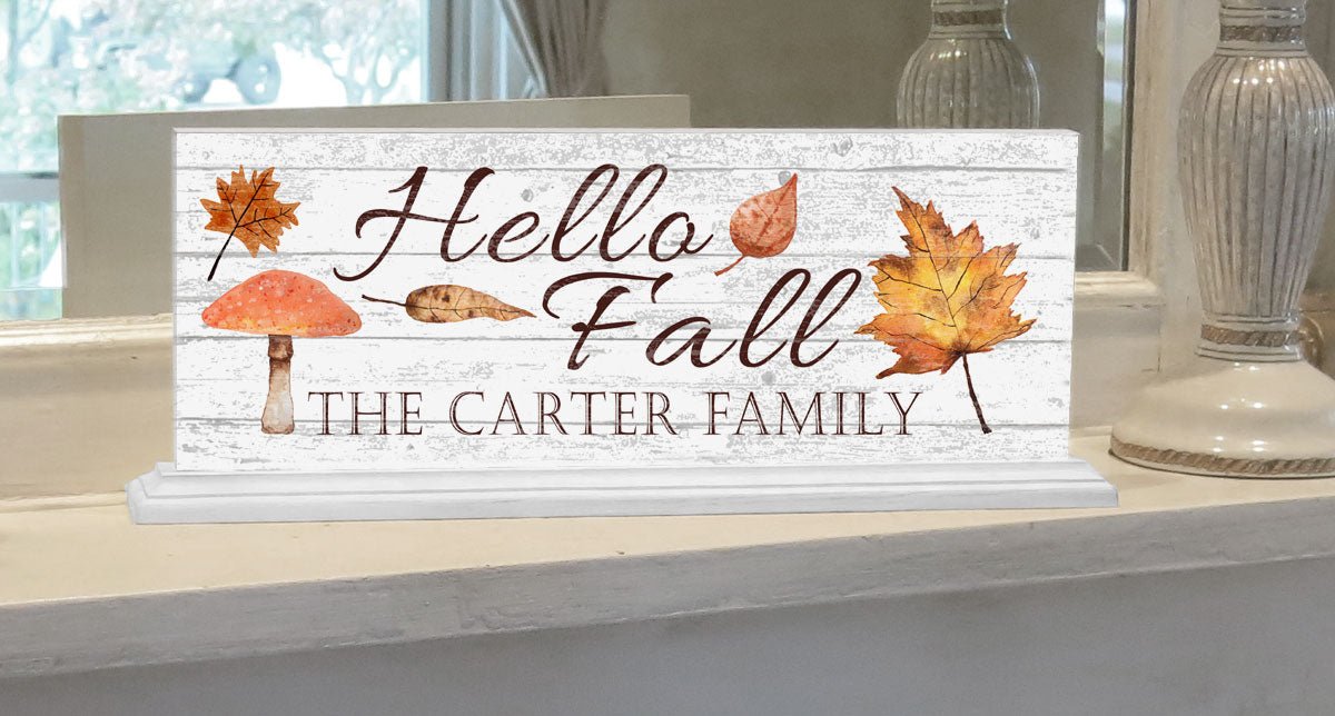 Hello Fall Shelf Sign – Personalized Autumn Decor With Family Name
