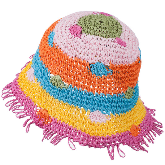 Girl's Toyo Bucket Shaped Hat with Fringe Edge and Polka-Dot Detail