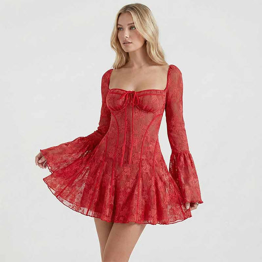 Floral Pattern Lace Tie Front Mini Dress