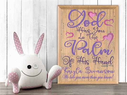 God Has You In The Palm Of His Hand Sign for New Baby or Baptism Gift Plaque