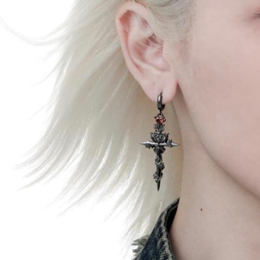 Gothic Rose Flower Cross Dangle Earrings