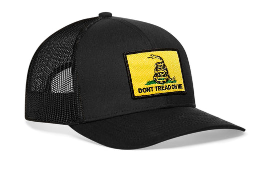 Dont Tread On Me Trucker Hat | Black Gadsden Flag Yellow Snapback