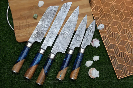 Handmade Chef Set, 5 Piece Damascus Steel Chef Knife Set, Kitchen Knife Set with Leather Cover