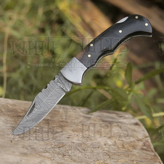 Handmade Damascus Pocket Knife - 6.5'' Back Lock Folding Knife Bull Horn Handle - Camping Knife