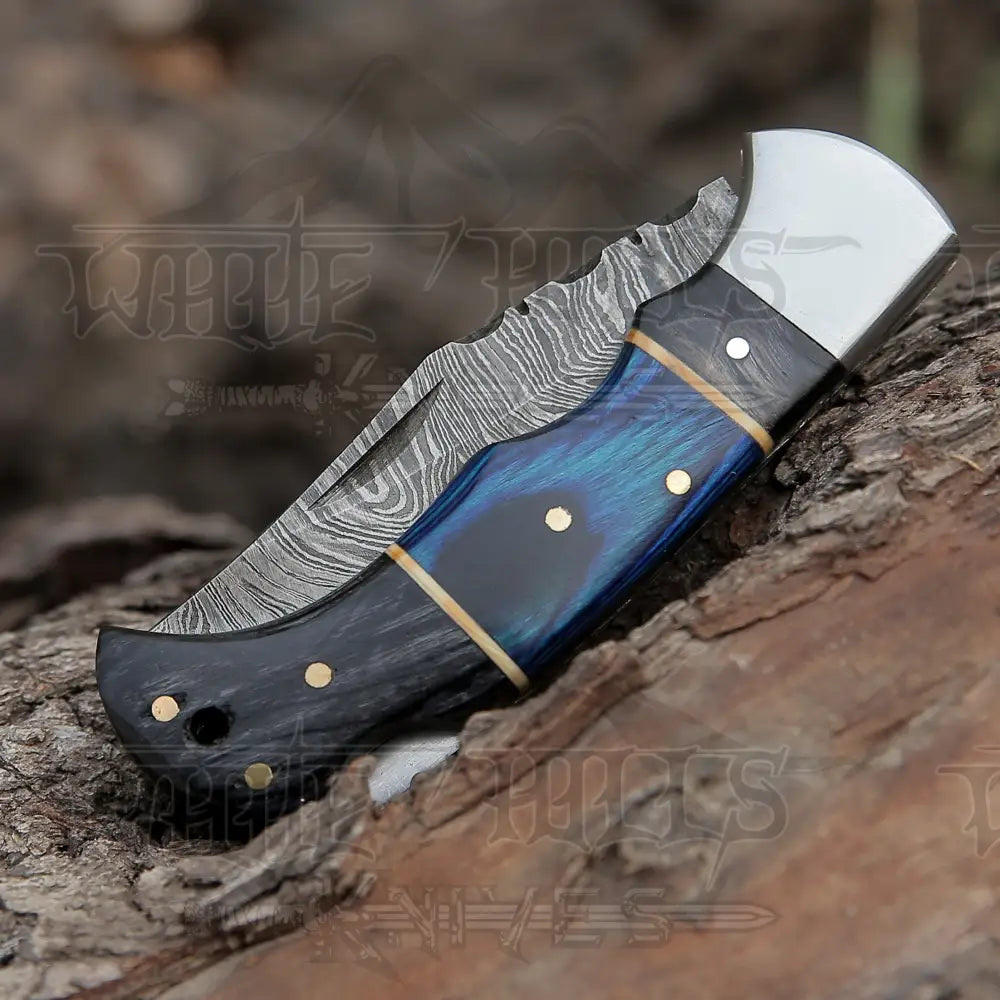 Handmade Damascus Steel Hunting Pocket Knife Camping Folding Blade With Black & Blue Dollar Sheet Handle