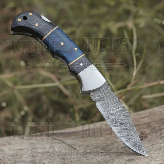 Handmade Damascus Steel Hunting Pocket Knife Camping Folding Blade With Black & Blue Dollar Sheet Handle