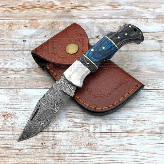 Handmade Damascus Steel Hunting Pocket Knife Camping Folding Blade With Black & Blue Wood Handle WH 4392