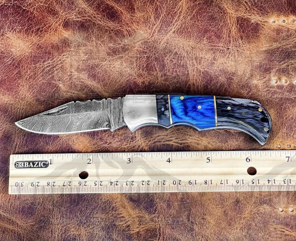 Handmade Damascus Steel Hunting Pocket Knife Camping Folding Blade With Black & Blue Wood Handle WH 4392