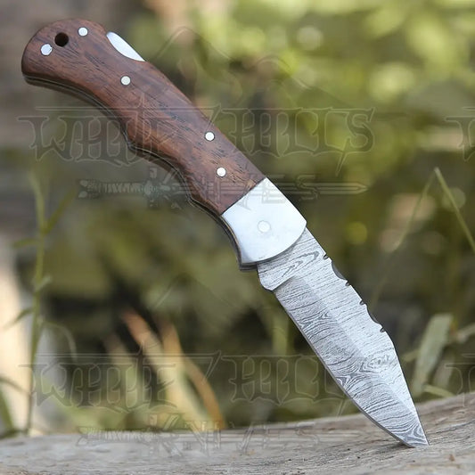Handmade Damascus Steel Hunting Pocket Knife Camping Folding Blade With Wood Handle WH 4365