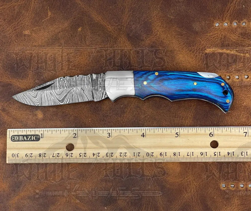 Handmade Damascus Steel Hunting Pocket Knife Camping Folding Blade With Wood Handle WH 4380