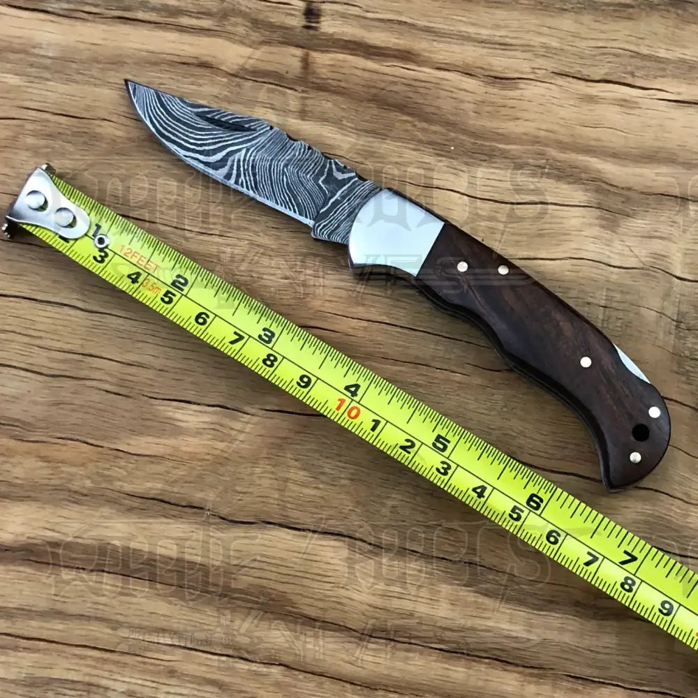 Handmade Damascus Steel Hunting Pocket Knife Camping Folding Blade With Wood Handle WH 4381