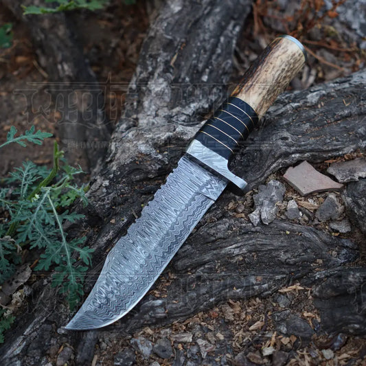 Handmade Damascus Steel Knife - Stag Antler & Wood Handle