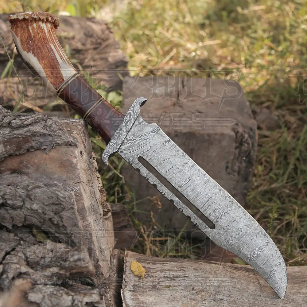 Handmade Forged Damascus Steel Hunting Bowie Rambo Knife With Deer Stag Antler Handle WH 44H
