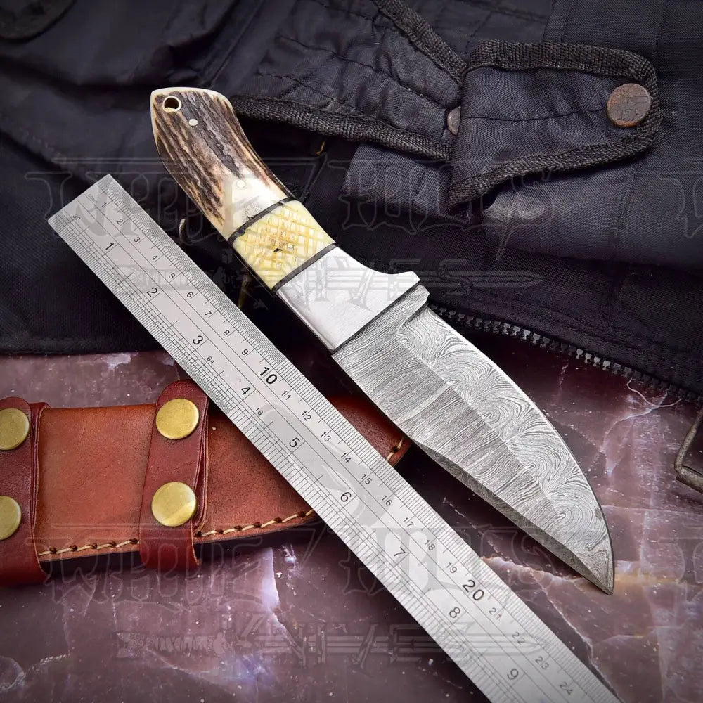 Handmade Forged Damascus Steel Hunting Skinner Knife EDC 9” -V3 With Stag Antler & Engraved Camel Bone Handle WH 4428