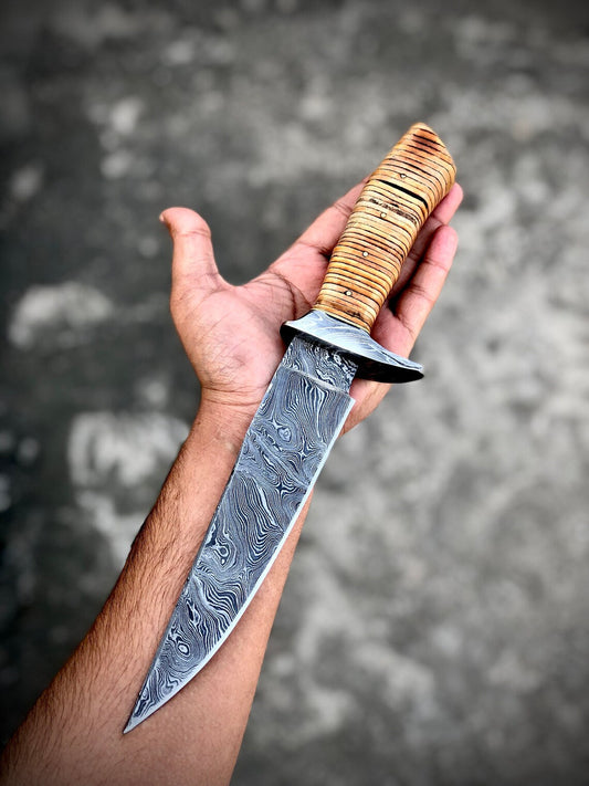"Custom Handmade Damascus Steel Hunting Bowie Knife | Stacked Leather-Damascus Guard Handle | 12 Inches | Leather Sheath | KBS Knives Store"