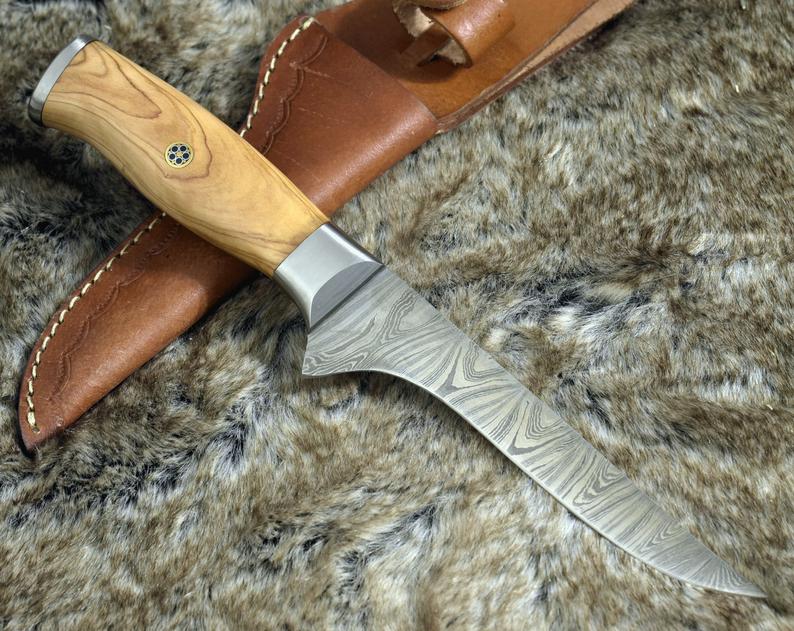 Handmade Damascus Steel Fillet-Boning Knife with Olive Wood and Steel Bolster Handle - 11 Inch Overall Length