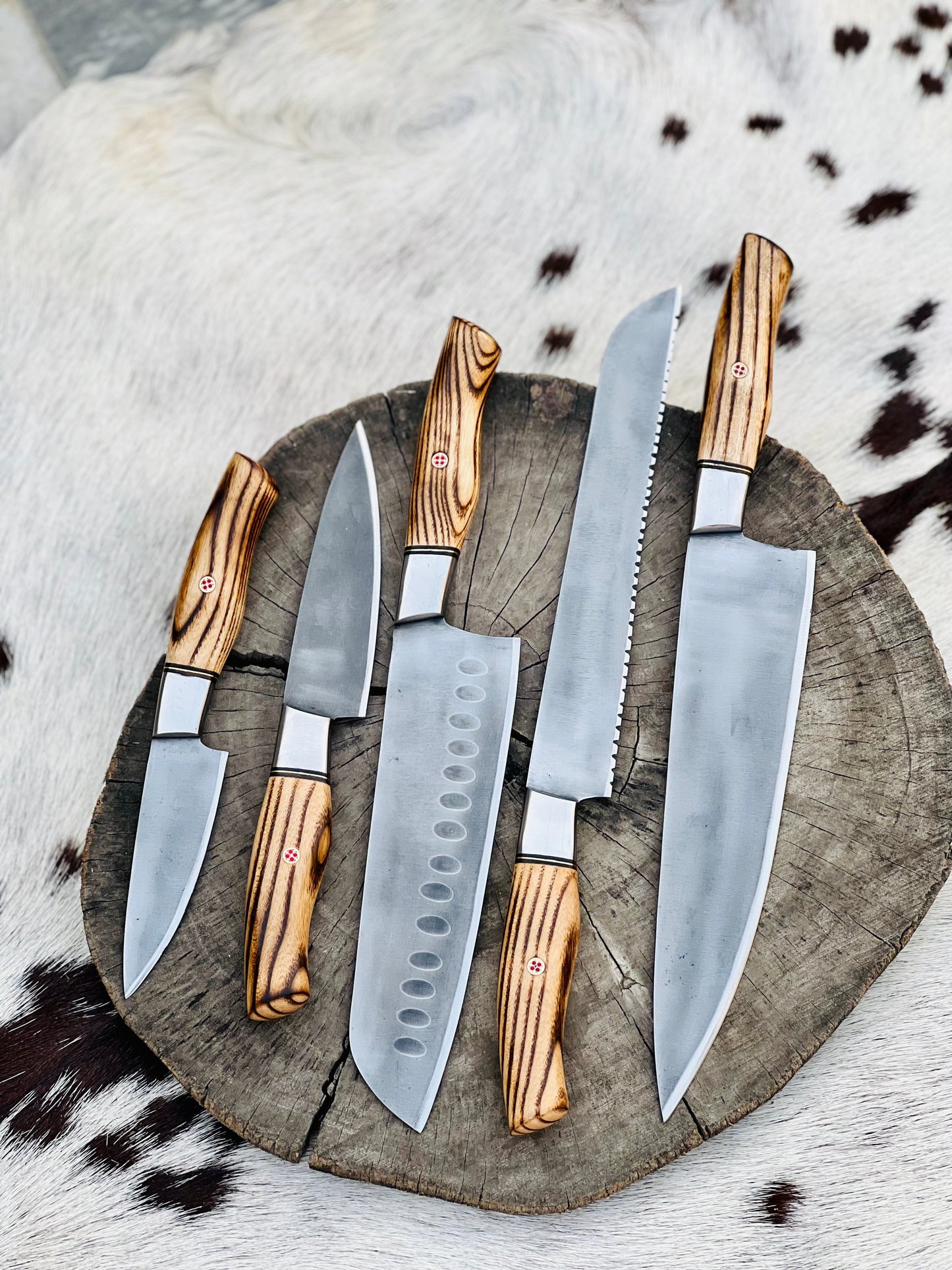 5 Piece Custom Handmade Acid Washed Stainless Steel Kitchen Knives Set with Leather Roll and Burly Wenge Wood Handles" by KBS Knives Store
