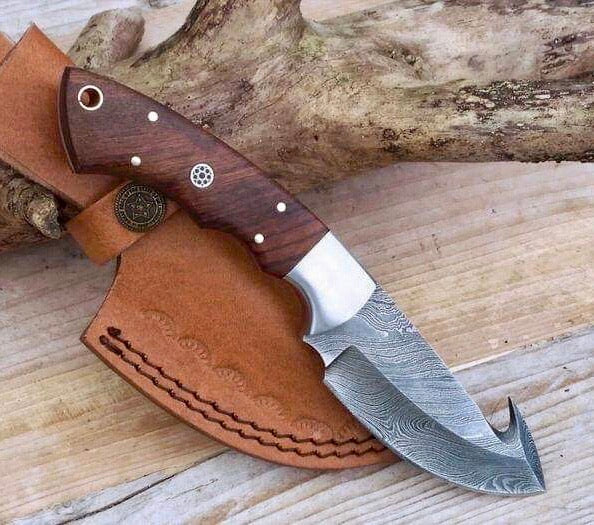 Custom-Made Damascus Gut Hook Deer Skinning Knife