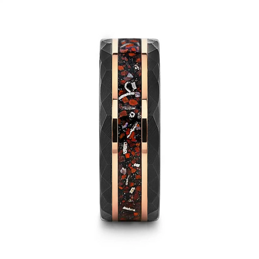 INFERNO Black/Rose Hammered Tungsten Carbide Ring with Dinosaur Bones and Meteorite – 8mm