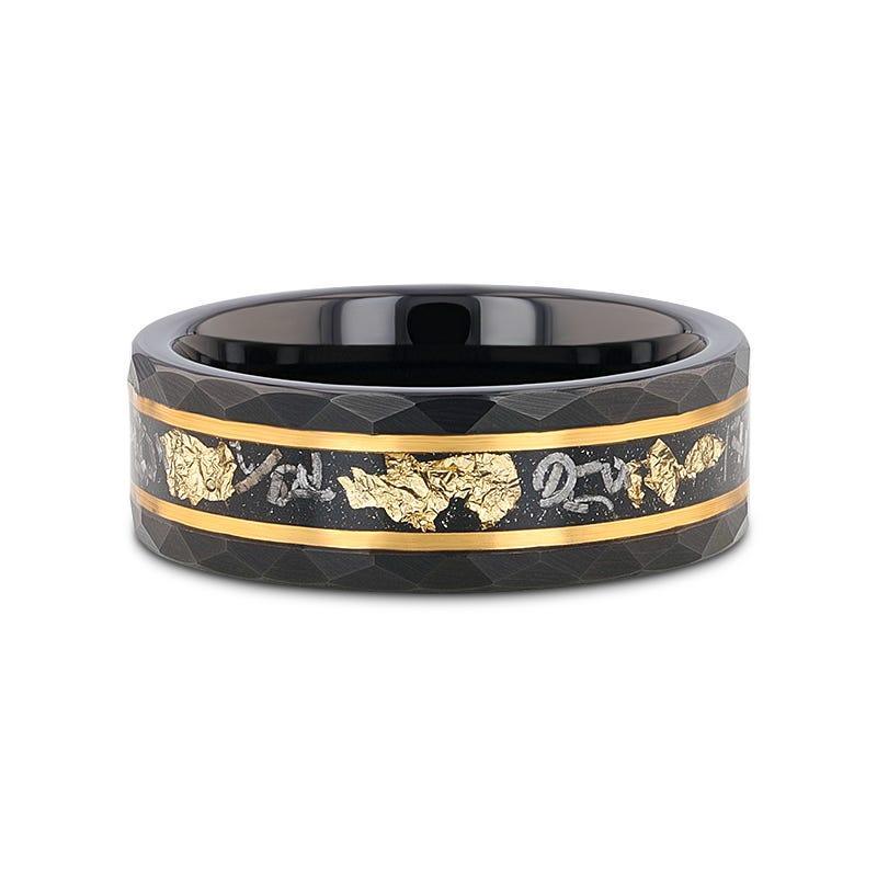 INFINIA Black Tungsten Band with Meteorite Inlay and Gold Flakes - 8mm