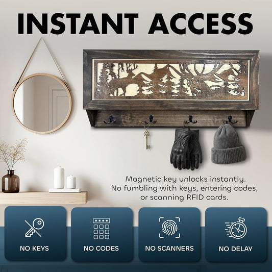 Deer Hunter Hidden Gun Storage - Coat Rack Concealment Shelf with Hooks for Coats, Bags, & Hats - Quick Access Hidden Gun Shelf - Hidden Storage Furniture with Secure Magnetic Lock