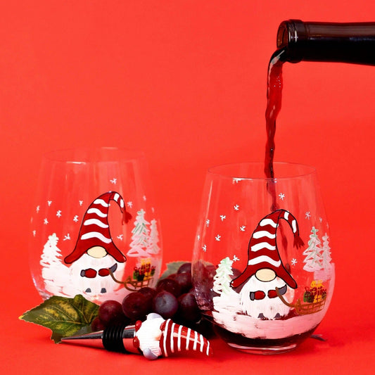 Painted Christmas Gnome Stemless Wine Glasses