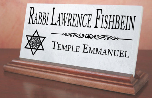 Jewish Desk Nameplate – Custom Marble Name Sign with Star of David for Rabbi, Cantor, or Temple Leader Etc.