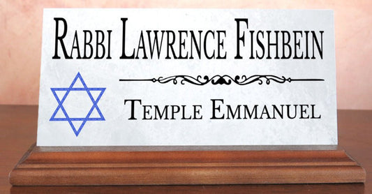 Jewish Desk Nameplate – Personalized Marble Name Sign with Blue Star of David for Synagogue or Rabbi Etc.