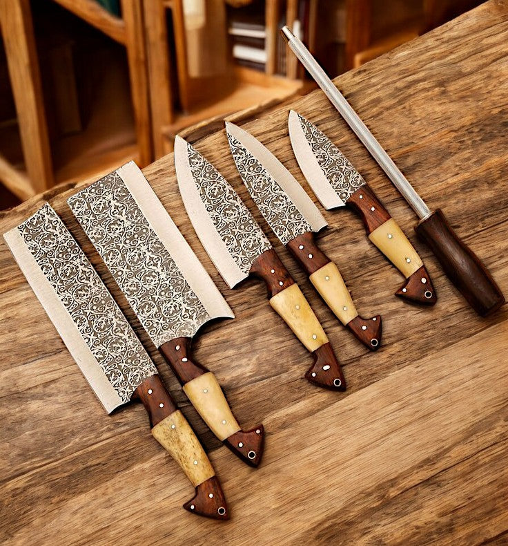Custom Kitchen Knives Set - Engraved Steel Blades & Leather Roll