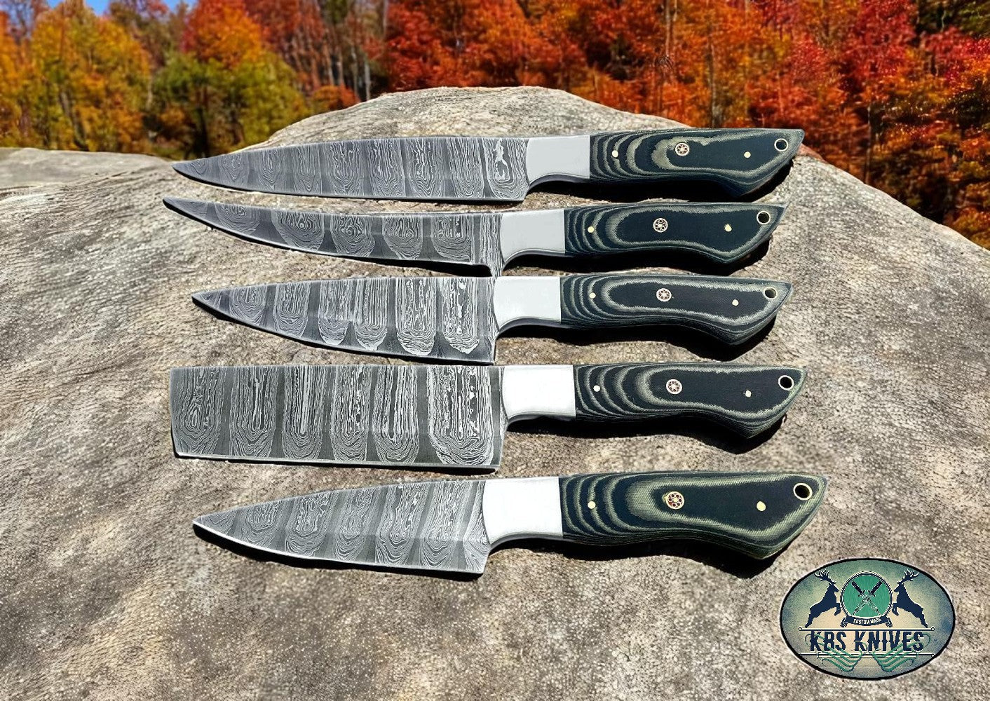 5 Pcs Custom Handmade Damascus Steel Knife Set with G10 Handles and Steel Bolsters