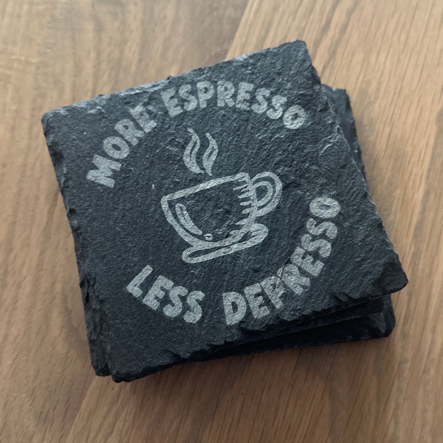 Laser-Etched Slate Coasters – Coffee Lover Gift | Natural Stone Drink Coasters