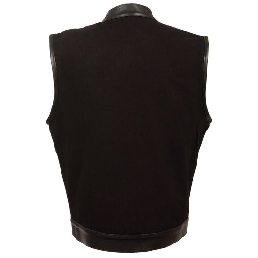 Milwaukee Leather MDM3010 Men's Black Denim Club Style Biker Vest with Leather Trim and Hidden Zipper