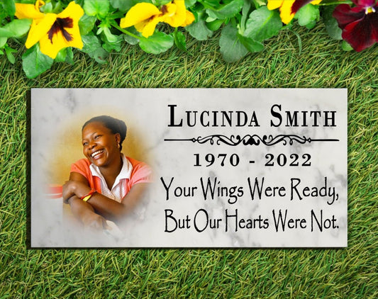 Memorial Stone With Photo Loved One Gift Custom Printed Picture Marble Plaque - Your Wings Were Ready But Our Hearts Were Not 12" x 6"