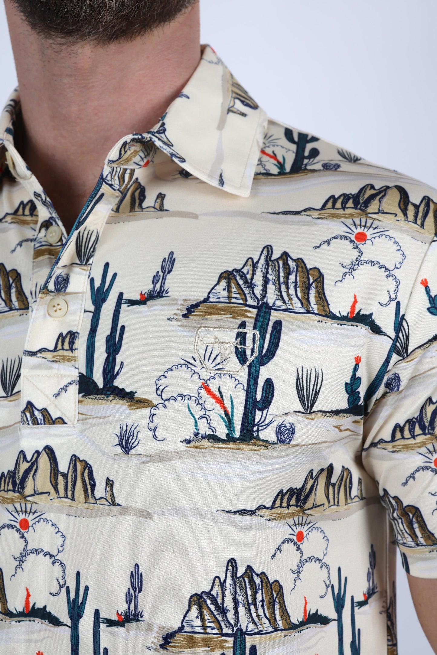 Mens Performance Fabric Modern Fit Stretch Cactus Print Polo