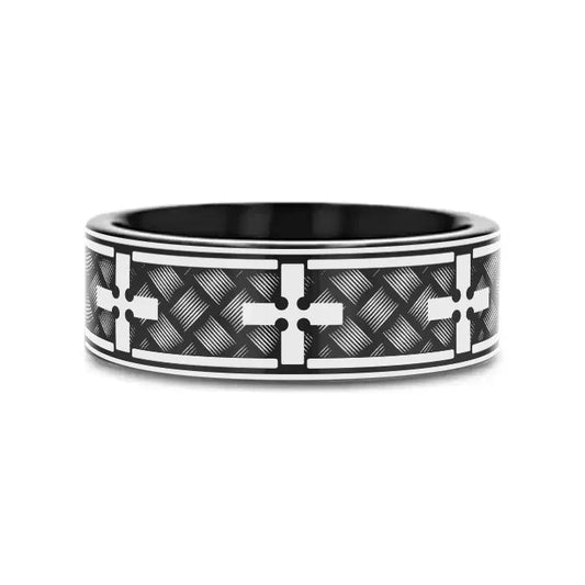 WOVEN CROSSES on Black Flat Tungsten Carbide Ring