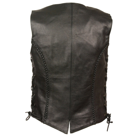 Milwaukee Leather ML1255 Women's Black Braided Premium Leather Side Lace Motorcycle Rider Vest